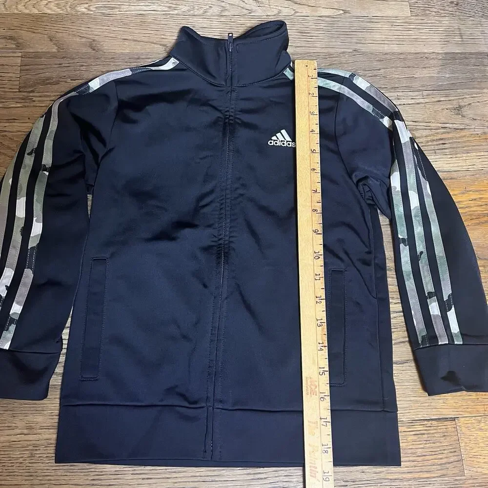 Adidas Boys Track Jacket Size 6 Zip Up Black Camo Blue White 3 Stripes Logo Kids